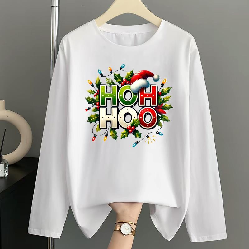 (Asian Size) Tree Watercolor Print T Shirt Christmas Holiday Graphic Tee Women Autumn Winter Casual Fashion Top Clothing Long Sleeve T-shirts