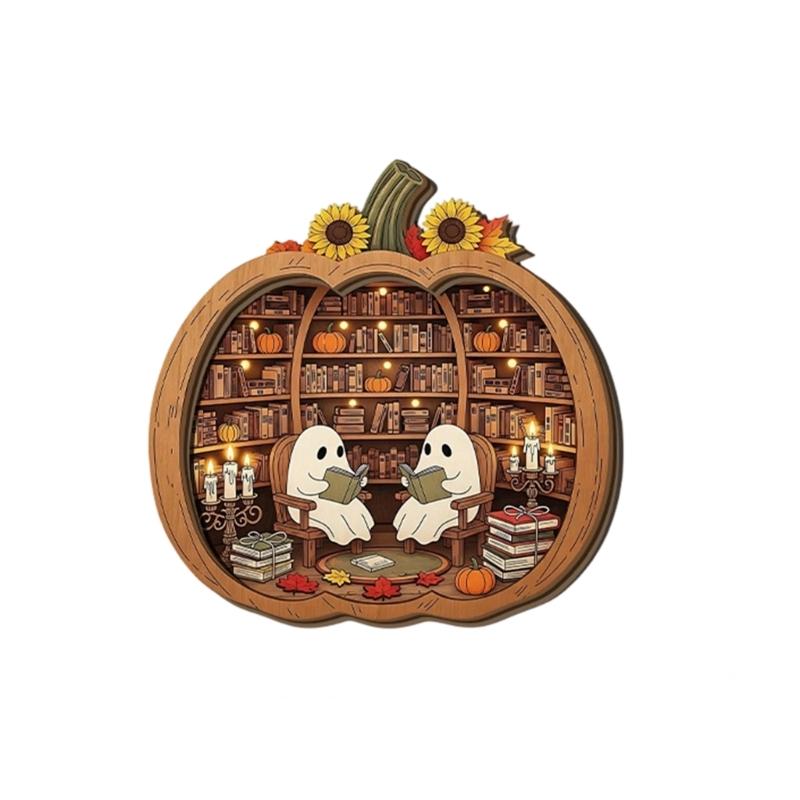 Entry Table Pumpkin Decoration with Wooden Body, Center Scene, and Double Board Build for Shelf and Indoor Holiday Use