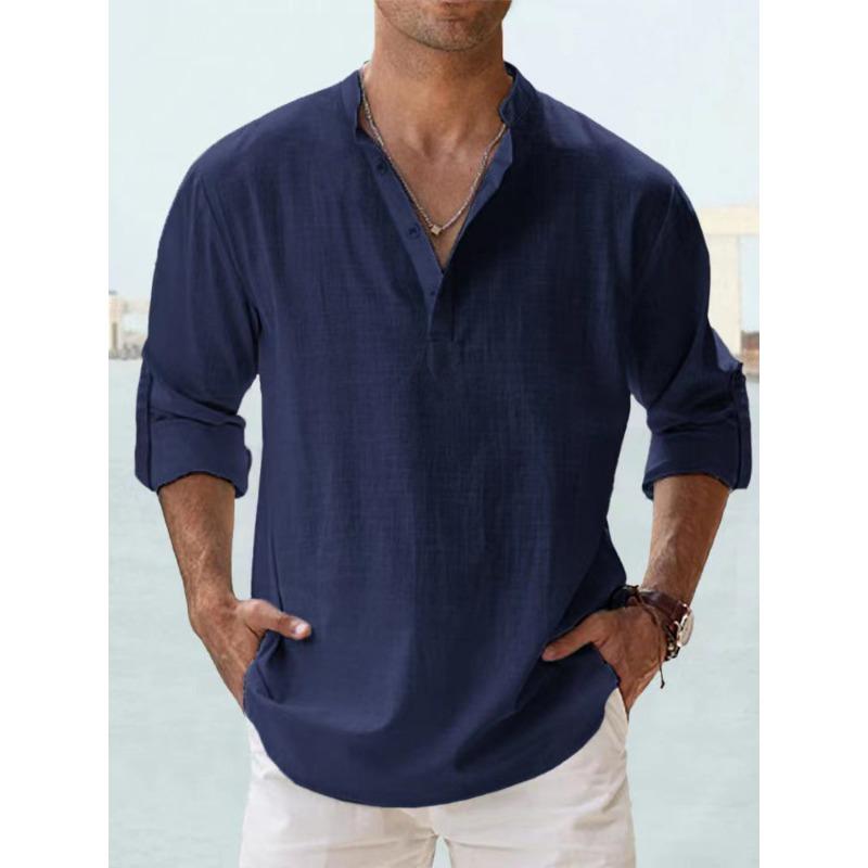 Men's Linen Stand Collar Long Sleeve T-shirt Loose Sweatshirt Solid Color Long Sleeve Cotton Linen Shirt Men