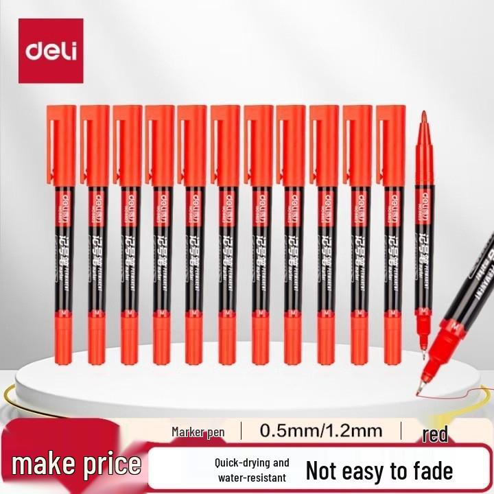 Deli Quick-Drying Waterproof Fineliner Marker, Double Tip (Fine & Broad) - Black, Ideal for Elementary Students' Drawing and Outlining.