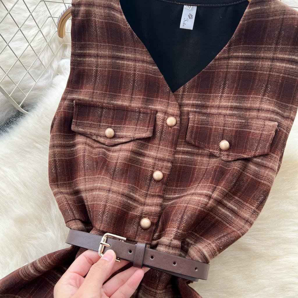 Herbst Winter Damen Vintage V-Ausschnitt Kariert Einreihig Lang Midi Tweed Tank Kleider mit Gürtel