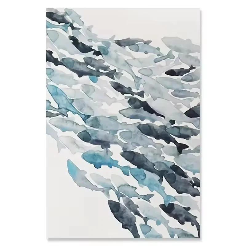 Watercolor Fish Group Wall Art Canvas Posters Golden Fish Blue Prints Canvas Paintings for Living Room Kitchen Frameless