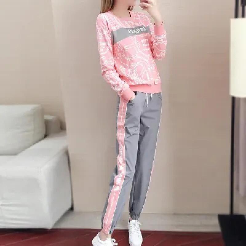 

Student Suit Women s Casual Fashion Sportswear Long-sleeved Running Loose Spring and Autumn Two-piece Set XXXL рожевий