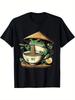 100% Cotton Kawaii Frog Eats Lamian Noodles Cute Cat Japanese Noodle Cartoon Graphic O-neck Mal