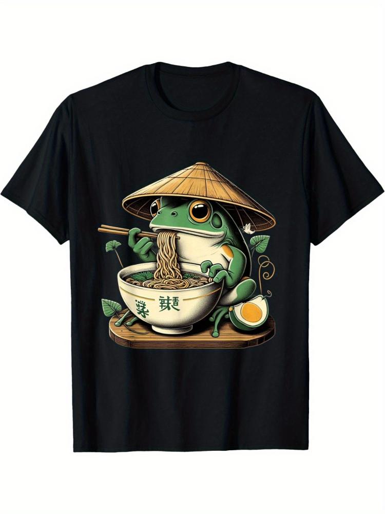 100% Cotton Kawaii Frog Eats Lamian Noodles Cute Cat Japanese Noodle Cartoon Graphic O-neck Mal
