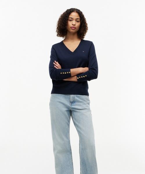 TOMMY HILFIGER Cuff Button V-Neck Sweater (T22G6Kto010Wt1C1G)