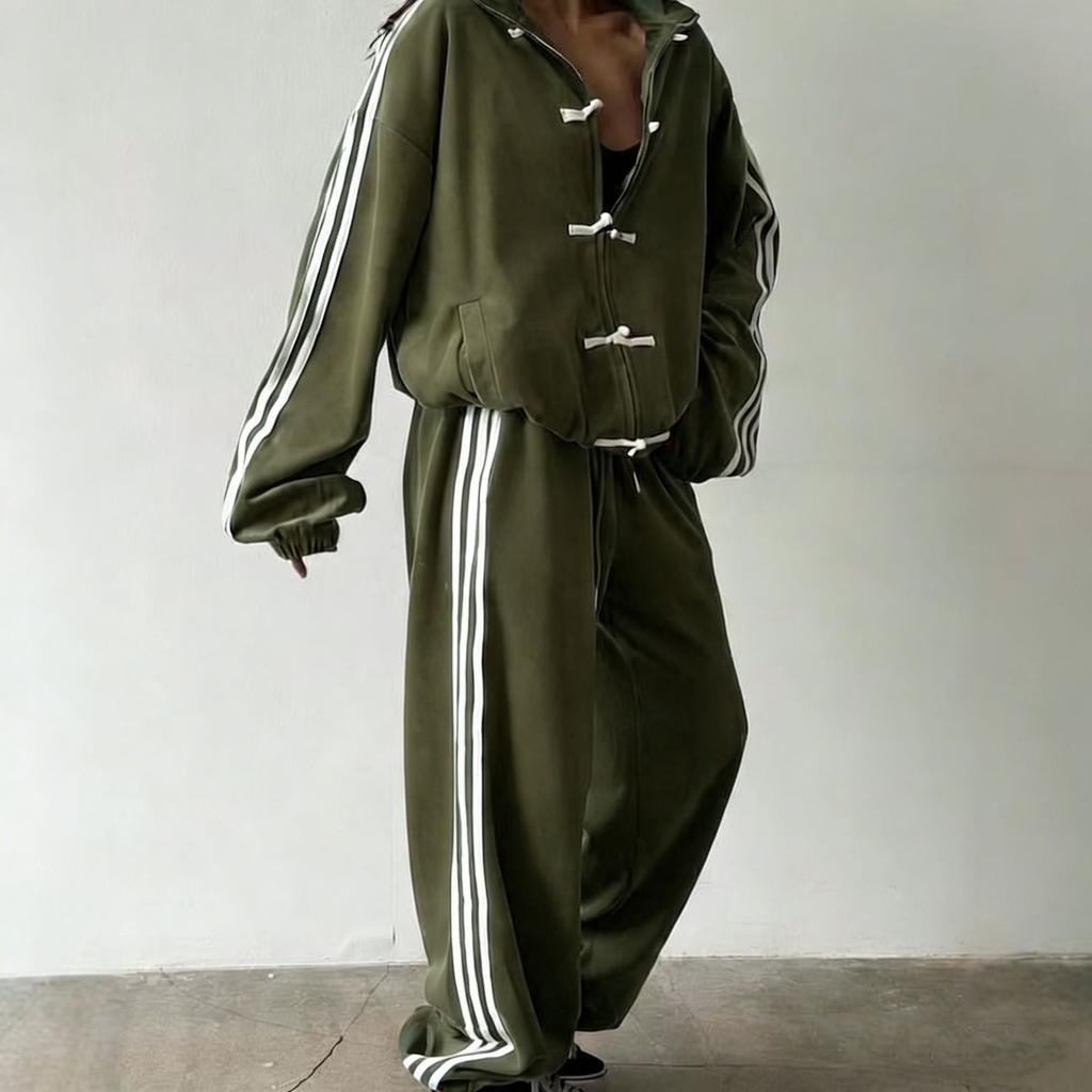 Fashion Buckle Three Bars Casual Suit Retro Stand-up Collar Jacket Wide-leg Sweatpants Two-piece Set
