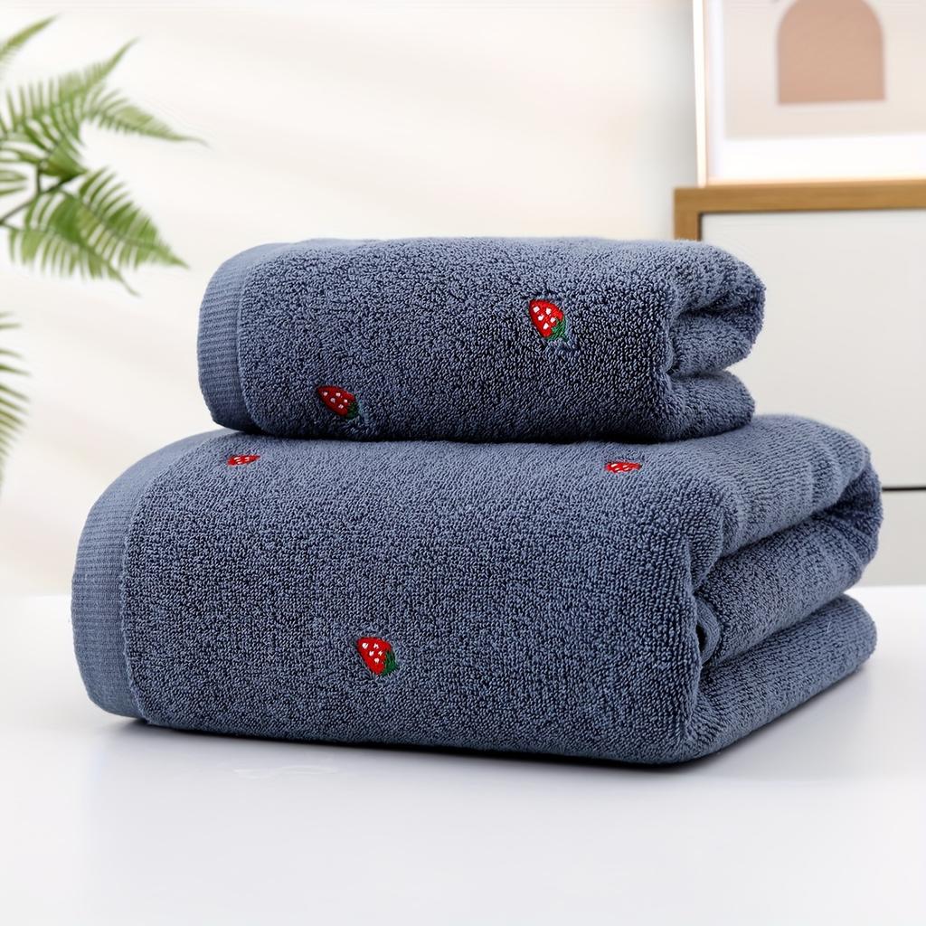 2pcs EverShine Cotton Bath Towel Set Embroidered Strawberries, Ultra Absorbent Woven Towels for Bathroom, SPA, Swimming, Gym