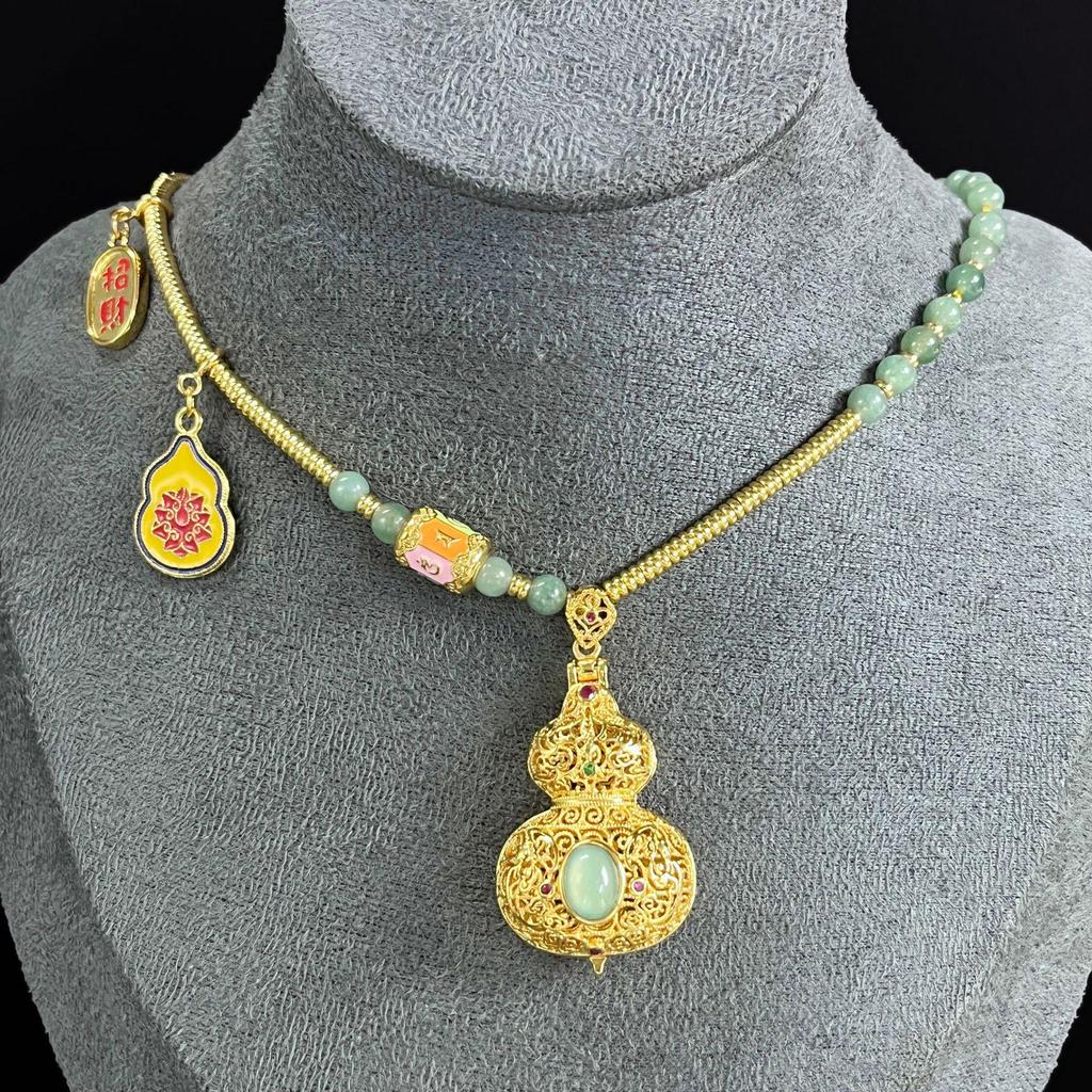Natural Jade Wealth & Blessing Necklace: Elegant Handmade Design with Copper-Plated Gold for Long-Lasting Beauty