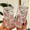 Bow Tie Plastic Straw Cup Cute Pink Cup Tumbler Mason Jar Shaped Water Bottle With Lids For Iced Coffee Juice Drinking Cup Gift