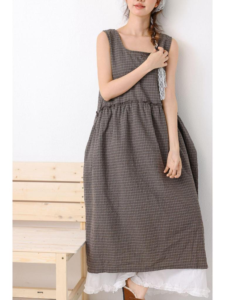 2026 Spring Artistic Sleeveless Layered Long Vest Dress - Fresh Japanese Plaid Design