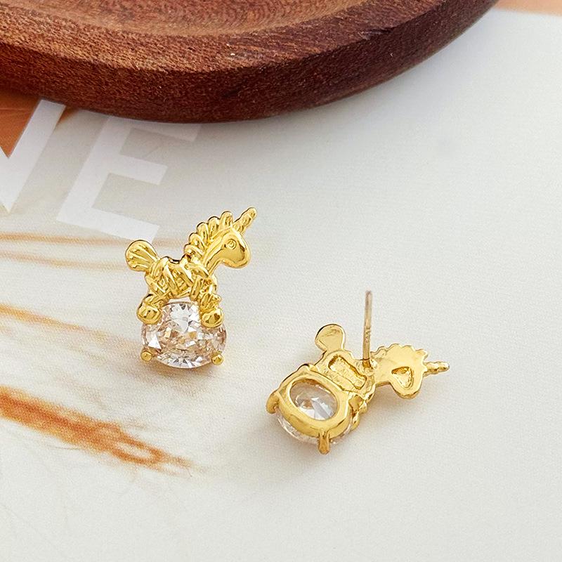 S925 Sterling Silver Unicorn Zircon Stud Earrings - Light Luxury, Personalized Design for Women