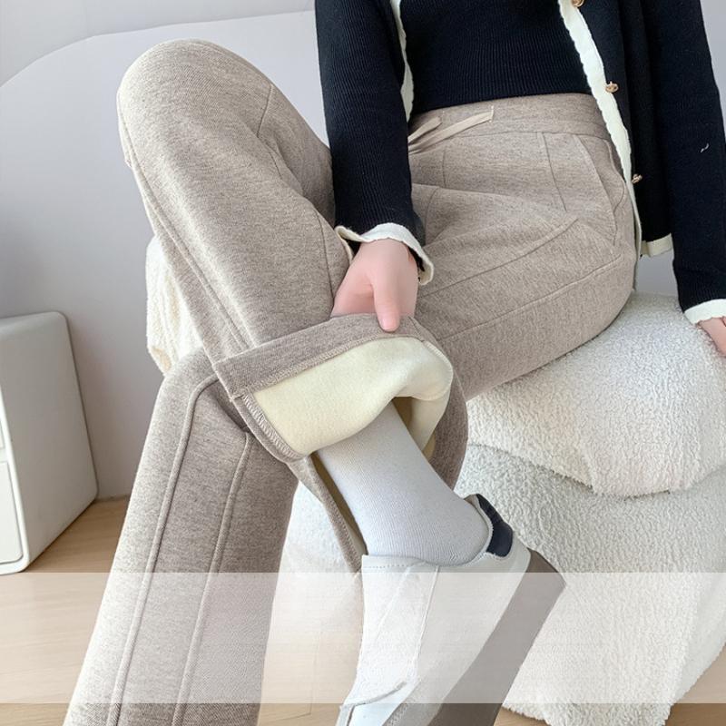 Fleecegefütterte Übergröße Kunstwolle Weitbeinige Hose Herbst Winter Neu Schlitzhose Gerade Schmale Version Leicht Ausgestellt Bananenhose für Damen