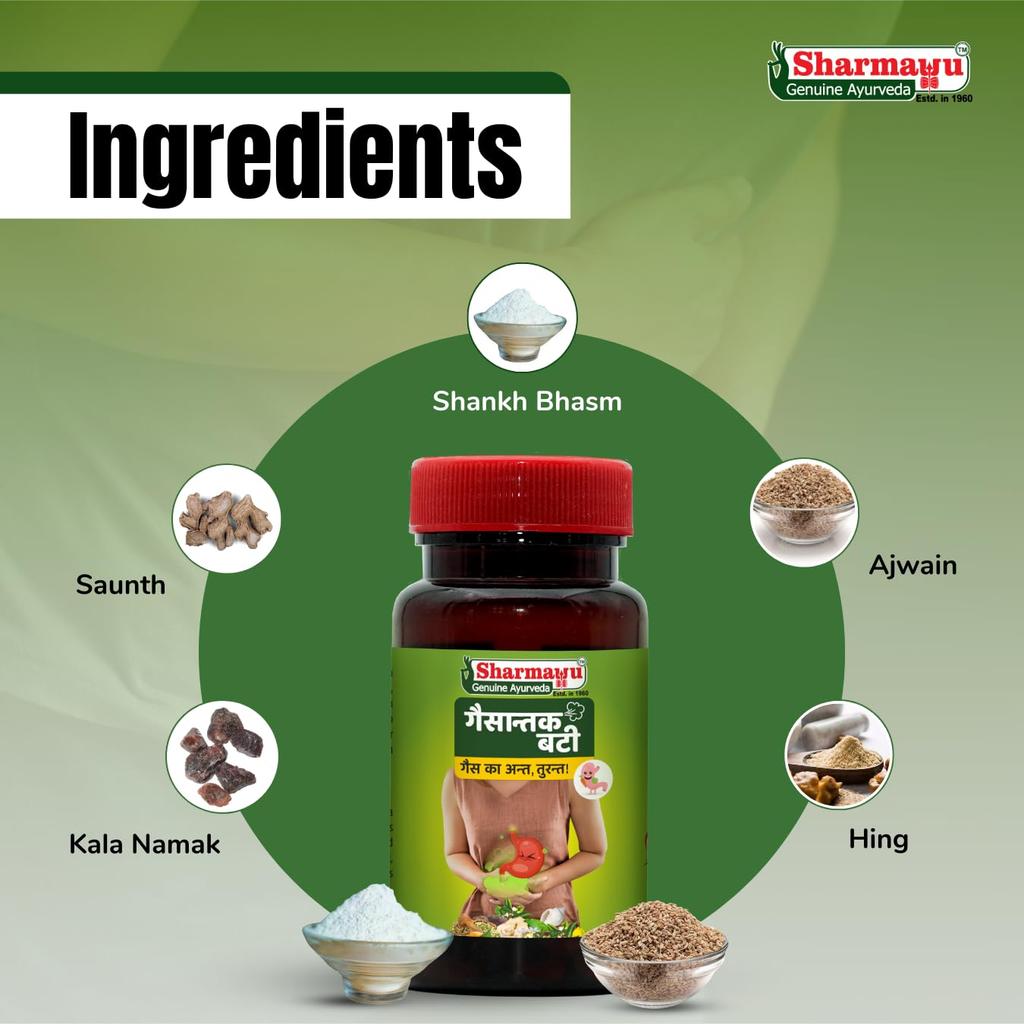Sharmayu Gaisantak Bati | Ayurvedic Tablets for Gas, Acidity & Bloating Relief | Boosts Digestion & Appetite | Natural Carminative & Laxative | 1