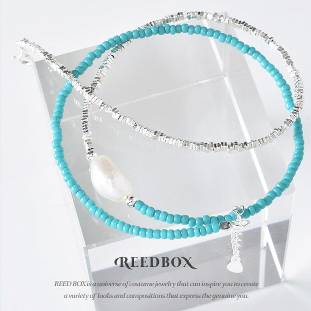 Silver 925 Aqua Turquoise Bead Natural Freshwater Pearl Point Necklace