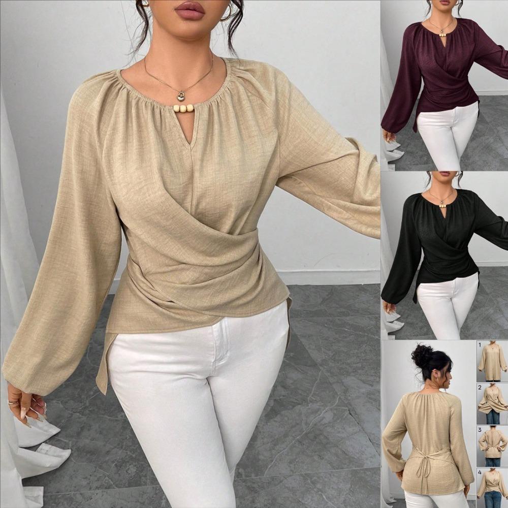 Women's V Neck Long Sleeve Regular Fit Elegant Wrap Blouse Shirt for Winter Daily Wear