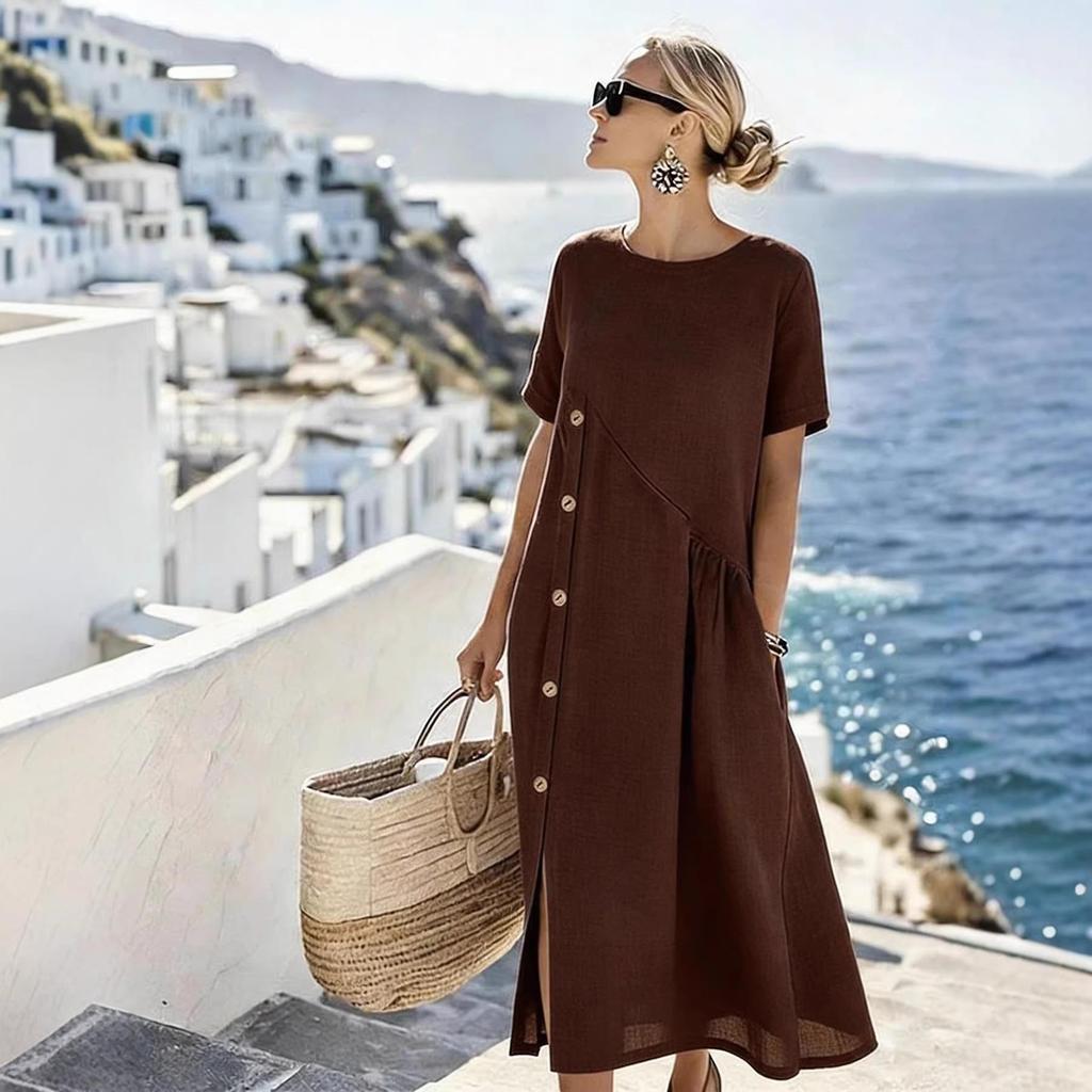 2026 Stylish Casual Midi Dress with Button Accents and Pleated Pockets
