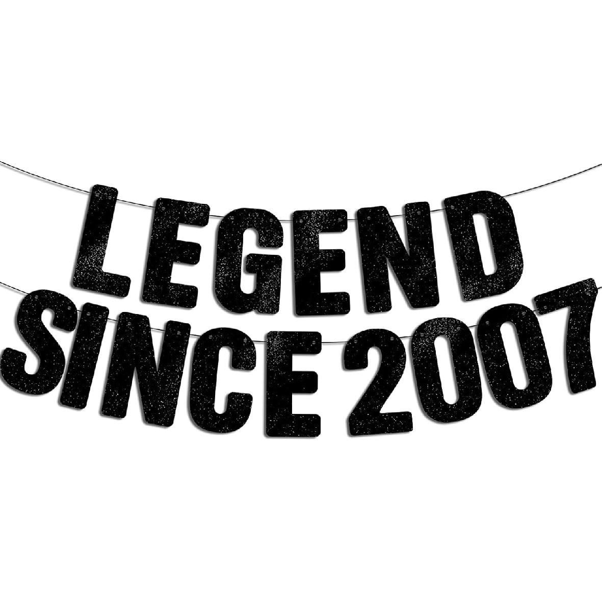 Pre-Strung Legend Since 2007 - Black Glitter Banner, 18th Birthday Decorations for Boys & Girls, Funny 18th Decor Bday Sign Gifts