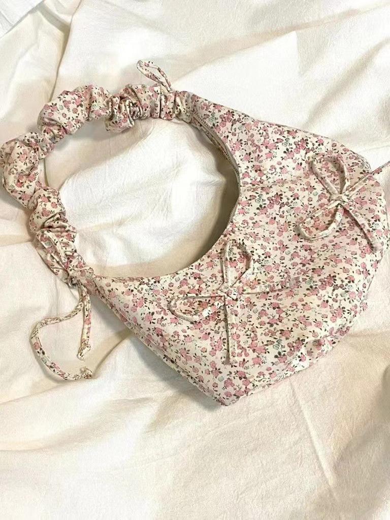 Floral Womens Shoulder Bag Elegant Cute Literary Sweet Fashi Handbag Pleated Bow Exquisite All-match Canvas Armpit Bag