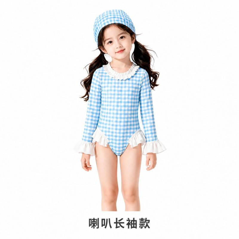 Girls Sleeveless One-Piece Swimsuit With Collar Plaid Japanese Style Comfortable Swimwear Pool Beach