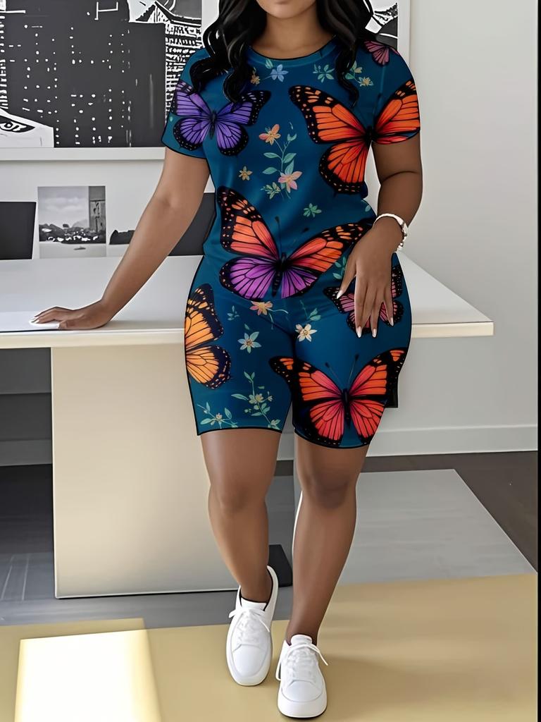 Butterfly Ladies Casual Suit Short Sleeve Shorts 1D Digital Flower Printing Fashion T-Shirt Two-piece Set
