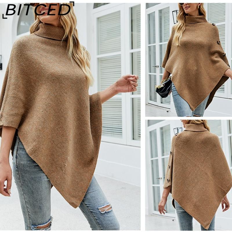BITCED Autumn/Winter Women's Shawl Cape Sweater Solid-Colour High-Neck Knitted Cardigan
