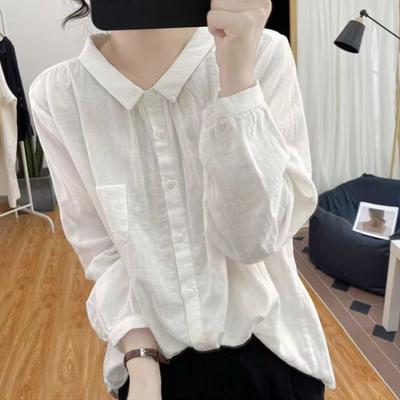 Cotton Linen Long Sleeve Shirt for Women Fashion Button Down Blouse Top Retro All Match Solid Base Shirt