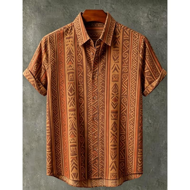 Fresh Forest Vertical Stripe Plant Flower Printed Short Sleeve Shirt for Men's Summer Thin and Loose Hawaiian Vacation Shirt