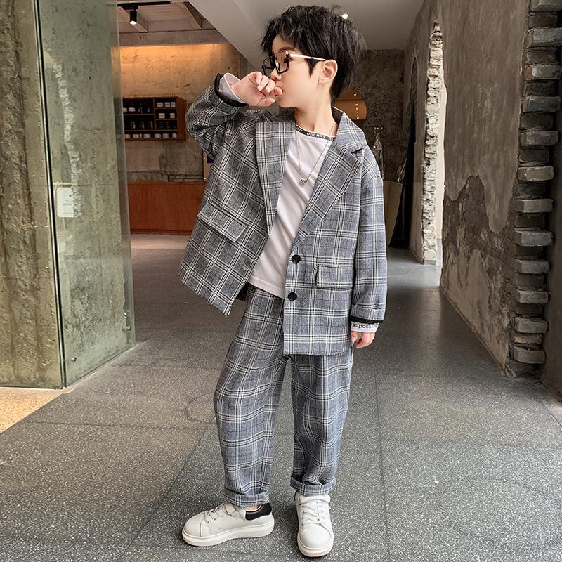 

Клетчатый костюм-блейзер для мальчиков - Повседневный наряд в корейском стиле на весну/осень 170 cm серый