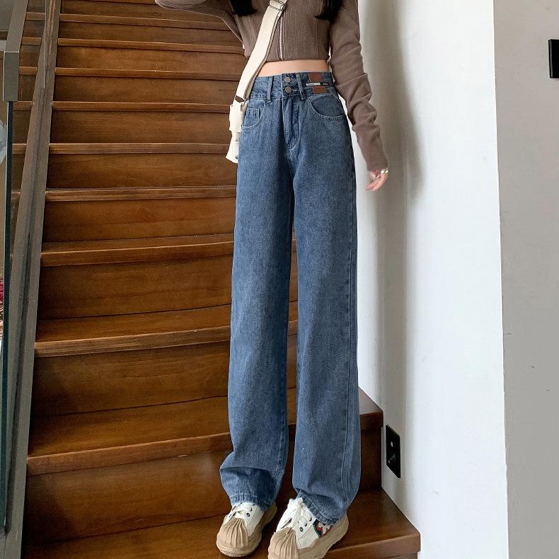 Women's High Rise Wide Leg Jeans Loose Straight Leg Denim Pants Vintage Washed Floor Length Casual Korean Style Trousers