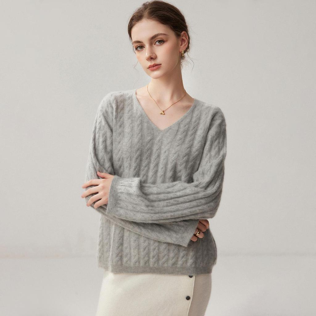 Women's Cashmere V-Neck Sweater - Aran Jacquard Knit, Loose Fit, Autumn Style