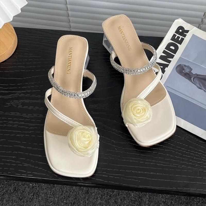 

New Style Slides Flip Flops Sandals Open Toe Woman Slippers High Up To 5cm Heel Summer Shoes for Women Crystals Zapatos Mujer 40 бежевый