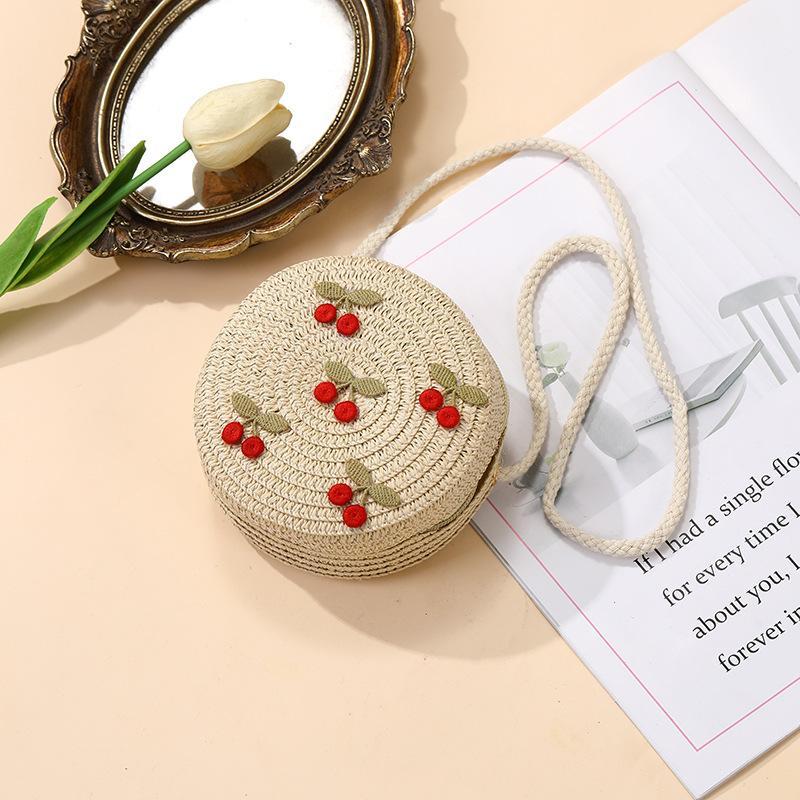 Kinder faltbare gewebte Strohtasche Sommer Mädchen Umhängetaschen Rote Kirschen Kinder Handtaschen Strand Reise Crossbody Taschen Kleine Geldbörsen