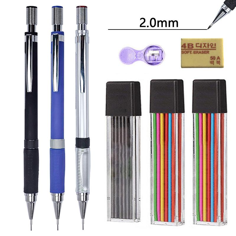 2mm Druckbleistift-Set mit Farb-/Schwarzmine Kunstzeichnung Design Automatischer Bleistift Schreiben Student Büro Schule Schreibwaren-Set
