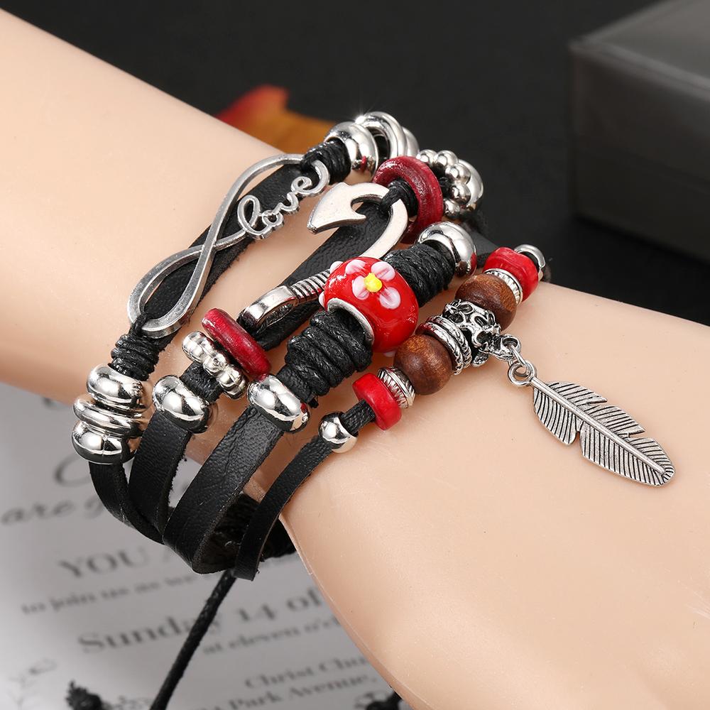 Vintage Gothic Punk Mond Stern Metall Mehrschichtiges Lederarmband Herren Blatt Armbänder & Armreifen Männlicher Arm Sonne Schmuck