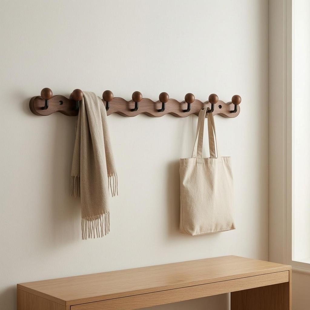 Rubber Wood Wall Coat Rack Compact Entryway Hanging Easy to Install