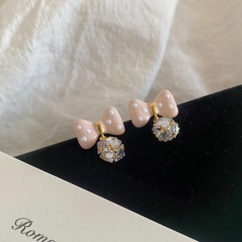 Elegant Zirconia Bow Stud Earrings - Luxurious Oil Painting Design for a Gentle Lady