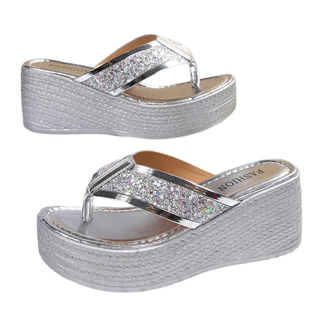 35-43 Plus Size Shoes for Women 2026 Summer Fashion Platform Wedge Comfortable Round Toe Sequin Sandals Women Slippers