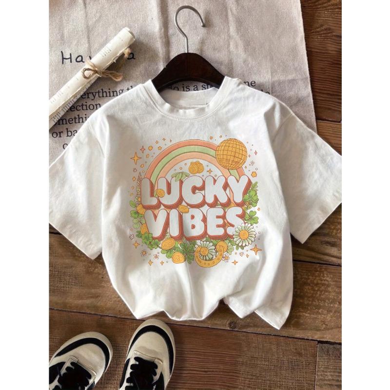 European sizes Girls T-Shirt | Comfortable and Casual, Round Neck, Short Sleeved, Lucky Vibes, Rainbow and Flowers, Funny Printing