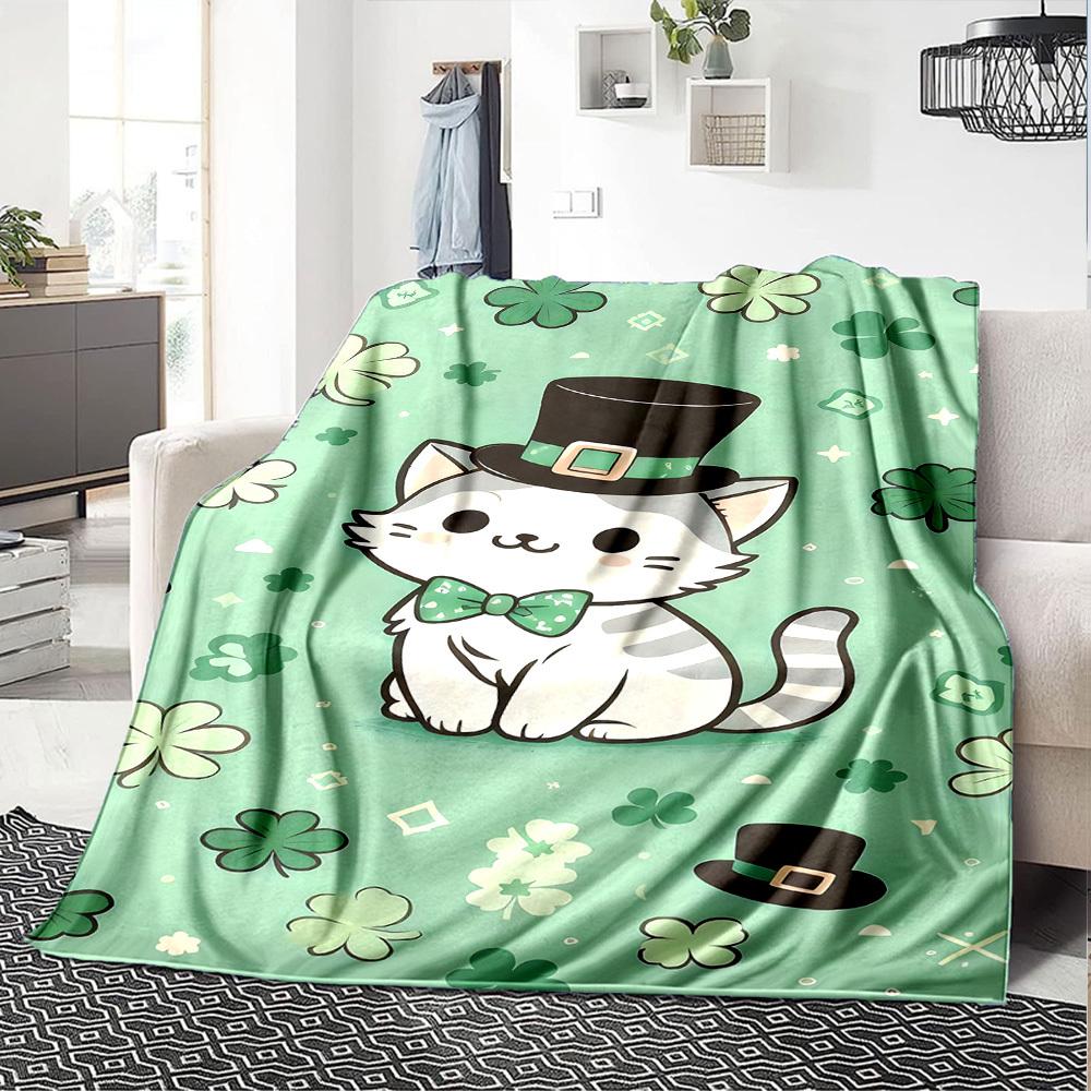 1pc cat shamrock blanket Lightweight Flannel Throw for Sofa Bed Travel Camping Livingroom Office Couch Chair