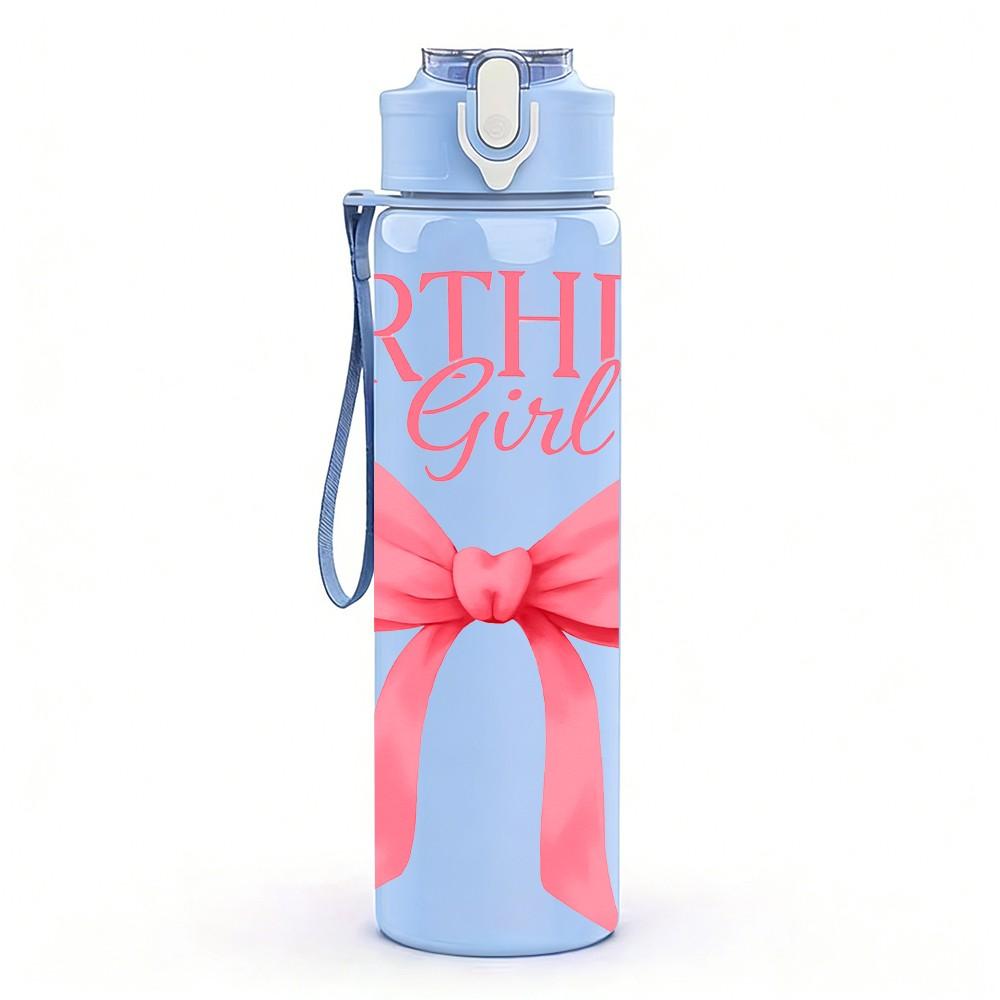 1PC Birthday Girl Pink Bow Ribbon Print 750ml Color Plastic Sports Water Bottle Leakproof Flip Straw Lid Suitable for Sports Office Home Use