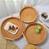 Dinner Serving Tray Breakfast Bread Food Plate Handwoven Rattan Storage Tray Round Shape Fruit Cake Wicker Basket With Handle