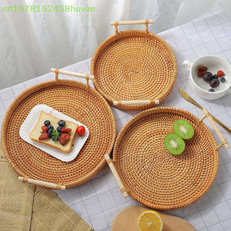 Dinner Serving Tray Breakfast Bread Food Plate Handwoven Rattan Storage Tray Round Shape Fruit Cake Wicker Basket With Handle