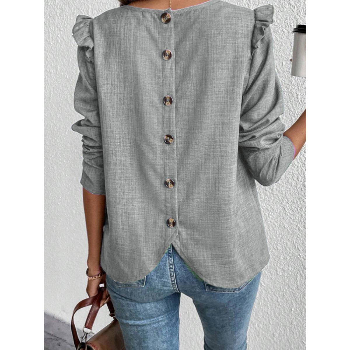 

Autumn Winter New European American Style Women s Long Sleeve Solid Color T-shirt With Back Single Row Buttons Fashion Casual Top S серый