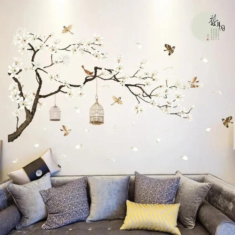 Nou 187*128cm Autocolante de perete cu copac de dimensiuni mari Păsări Flori Decor Imagini de fundal pentru sufragerie Dormitor Vinil DIY Decorare camere