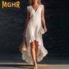 MGHR Women's Fashion Summer Spring V-Neck Sleeveless Solid Color Print Casual Dresses