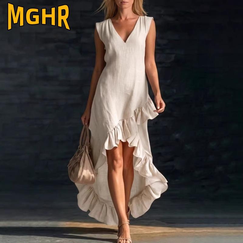 MGHR Women's Fashion Summer Spring V-Neck Sleeveless Solid Color Print Casual Dresses
