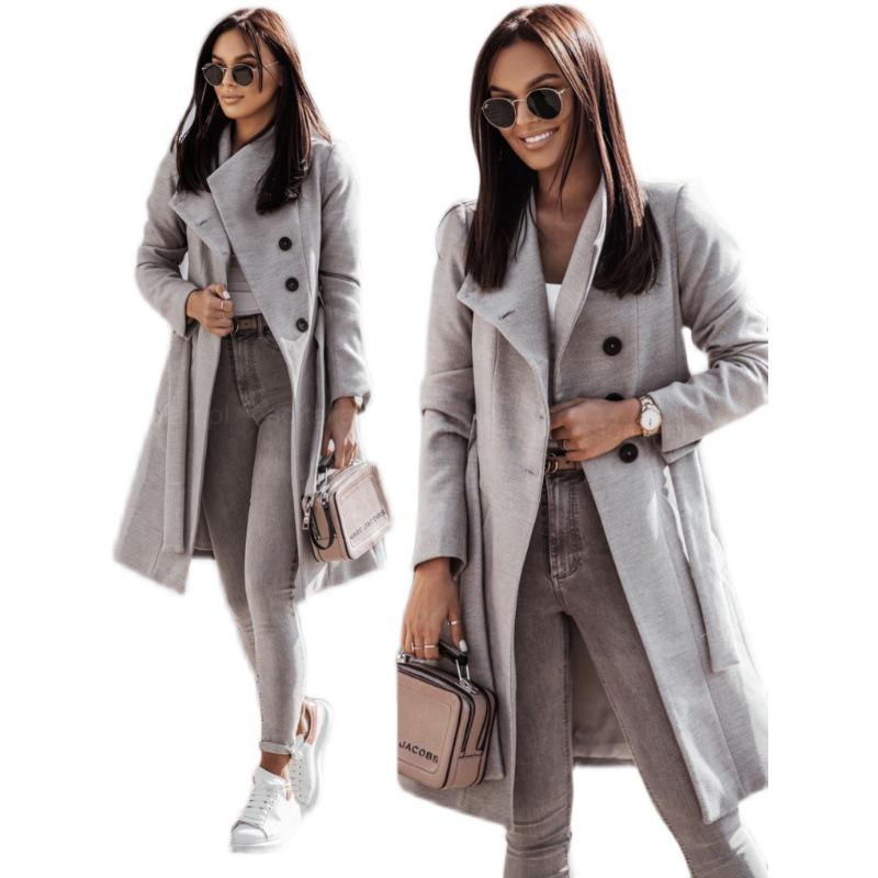 2021 Women's Autumn/Winter Wool Coat - Solid Color, Mid-length with Tie-up