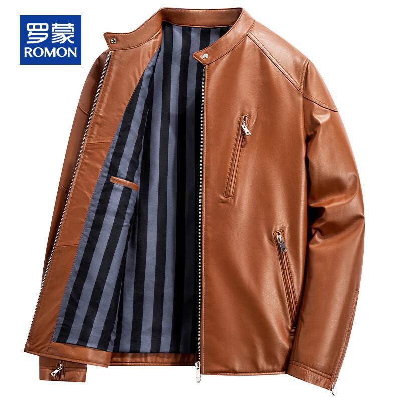 ROMON Men's Genuine Sheepskin Stand Collar Leather Jacket