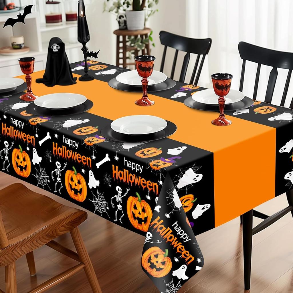 Childom 2 Pack Halloween Tablecloth,Halloween Decorations 54x108 Inch Disposable Plastic Table Cover for Rectangle,Pumpkin Spider Web Ghost Table